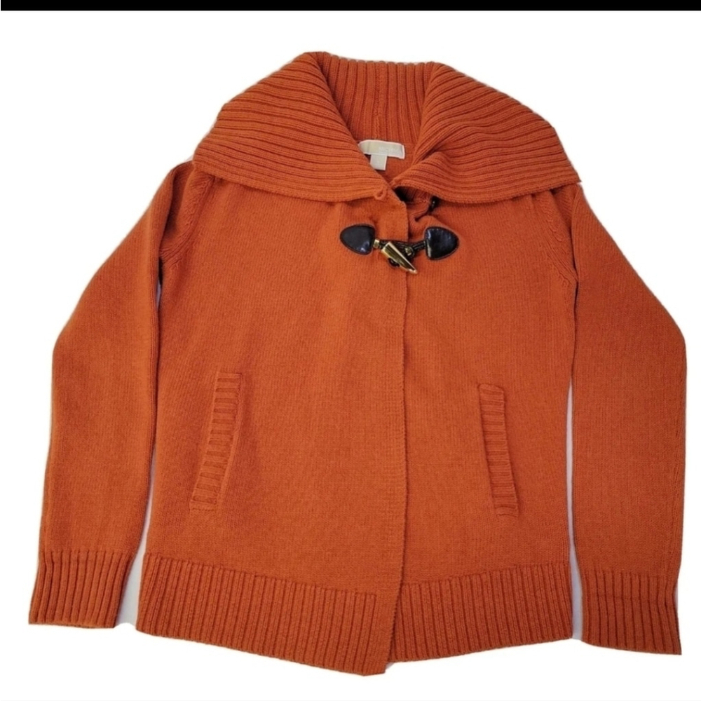 MICHAEL KORS Women's ORANGE WOOL BLEND TOGGLE KNIT CHUNKY Cardigan Sweater S